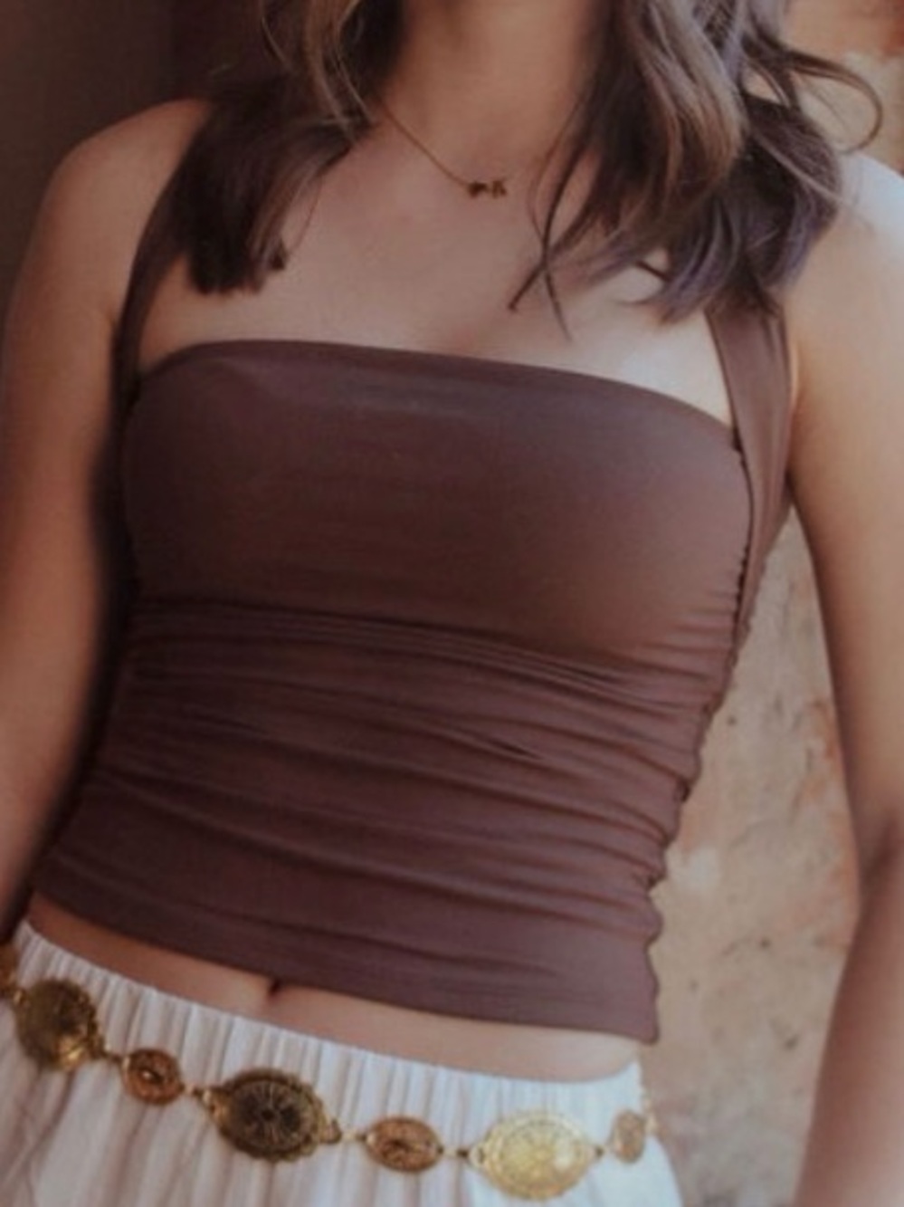 Brown Strapless Ruched Top